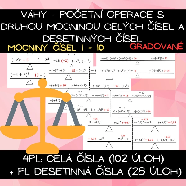 Váhy - početní operace s druhou mocninou celých čísel a desetinných čísel