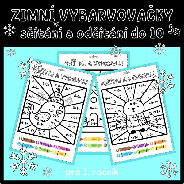Zimní vybarvovačky - sčítání a odčítání do 10