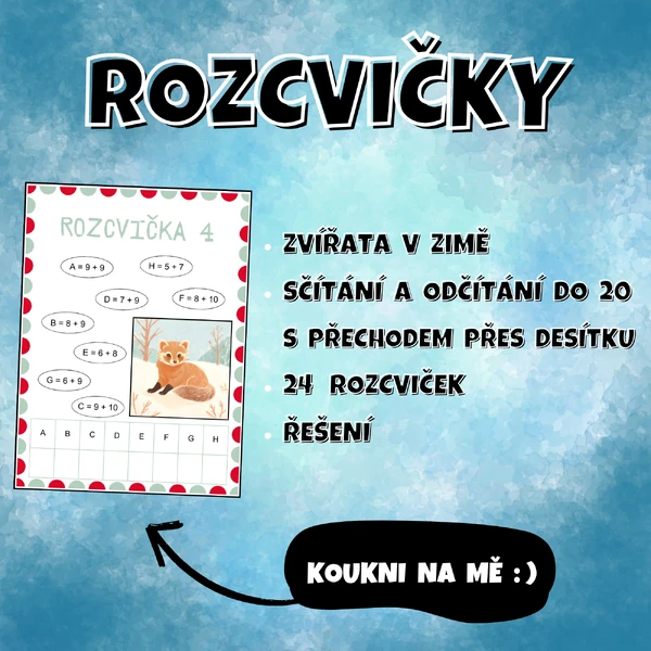 ROZCVIČKY - zimní sčítání a odčítání S PŘECHODEM PŘES DESÍTKU do 20
