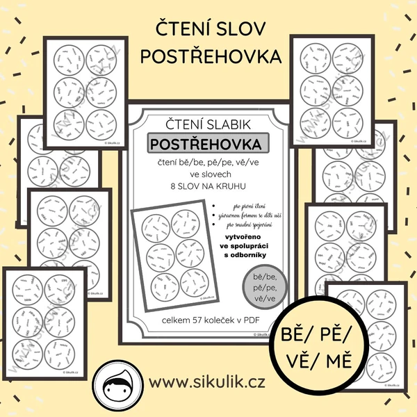 ČTENÍ SLOV POSTŘEHOVKA - PROCVIČENÍ ČTENÍ BĚ/ PĚ/ VĚ /MĚ VE SLOVECH