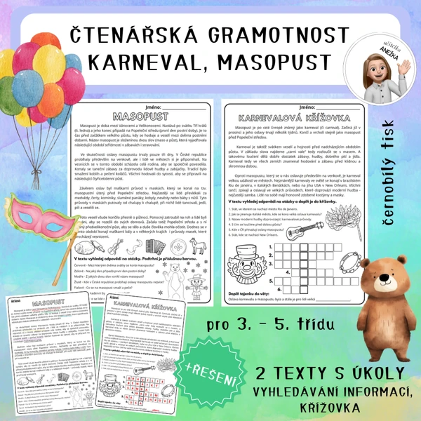 KARNEVAL, MASOPUST - ČTENÁŘSKÁ GRAMOTNOST (3. - 5. TŘÍDA)