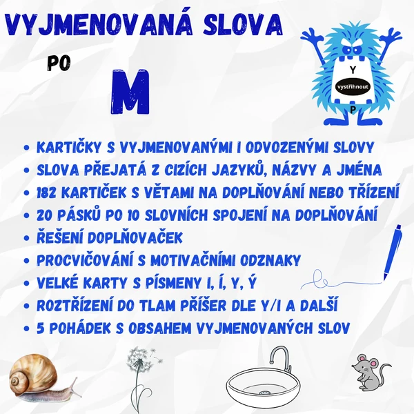 Vyjmenovaná slova po M - kartičky, testy, doplňování, významy slov