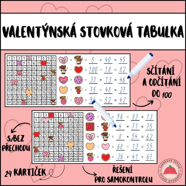 Valentýnská stovková tabulka: Sčítání a odčítání do 100