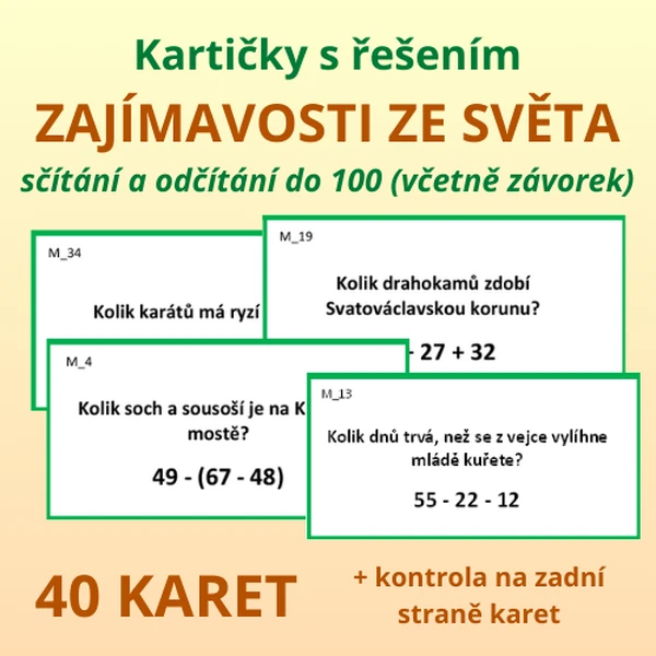 Kartičky s řešením – zajímavosti ze světa – sčítání a odčítání do 100