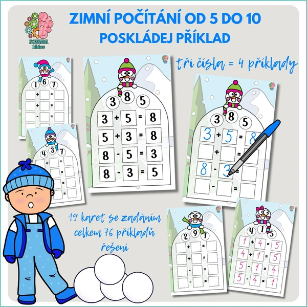Zimní počítání od 5 do 10 - poskládej příklad