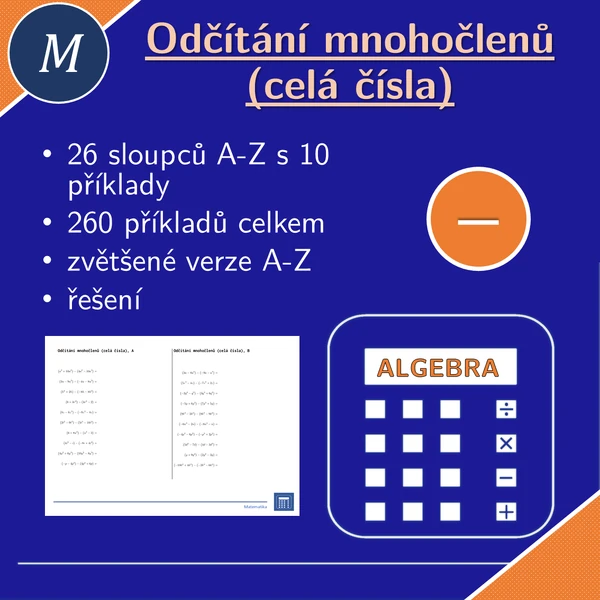 Odčítání mnohočlenů (celá čísla) | matematika | algebra | 26 sloupců