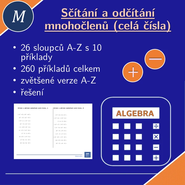 Sčítání a odčítání mnohočlenů (celá čísla) | matematika | algebra | 26 sloupců