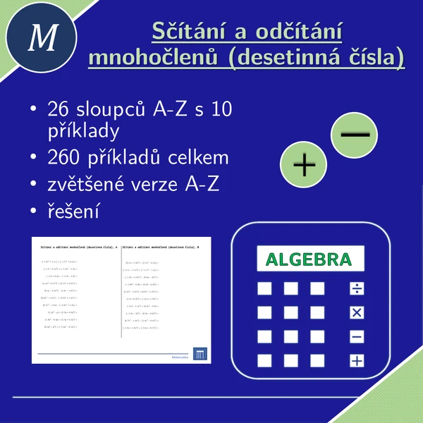 Sčítání a odčítání mnohočlenů (desetinná čísla) | matematika | algebra | 26 sloupců