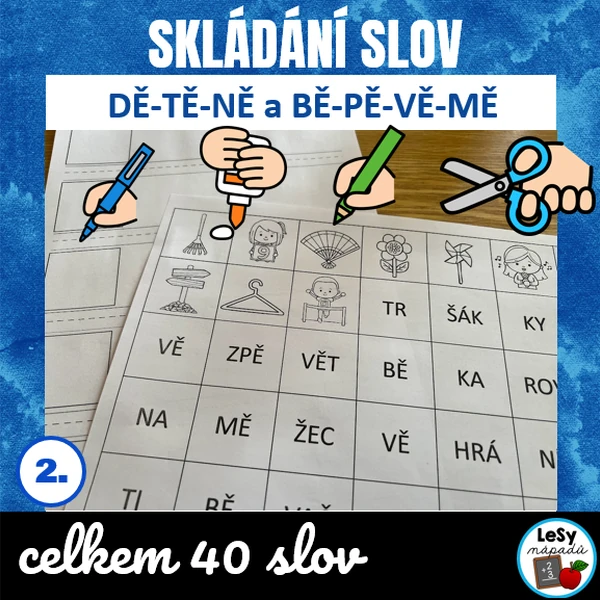 Skládání slov ze slabik - dě, tě, ně, bě, pě, vě, mě