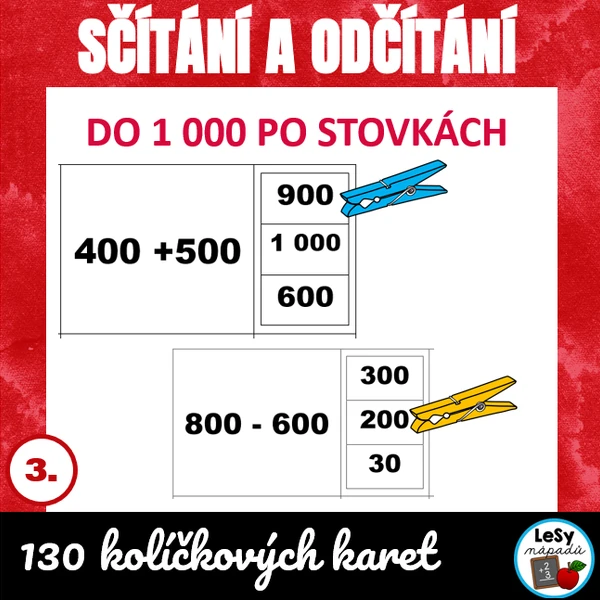 Sčítání a odčítání po stovkách do 1 000 - kolíčkové kartičky