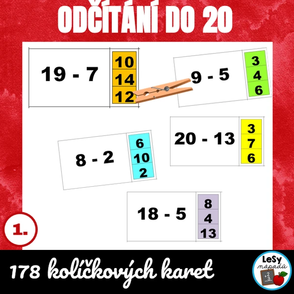Odčítání do 20 - kolíčkové karty