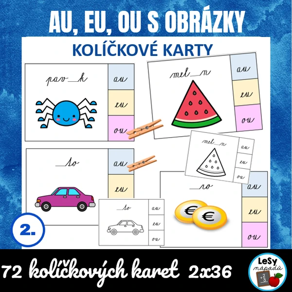 Au, eu, ou - kolíčkové kartičky s psacím písmem