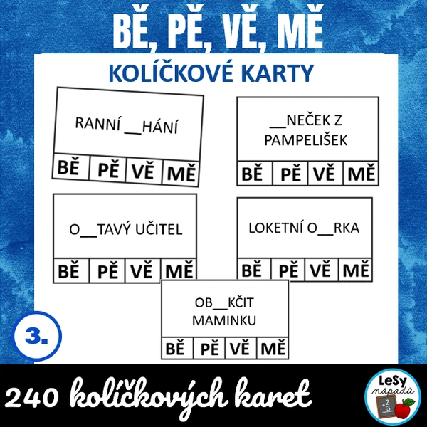 Bě, pě, vě, mě - kolíčkové kartičky