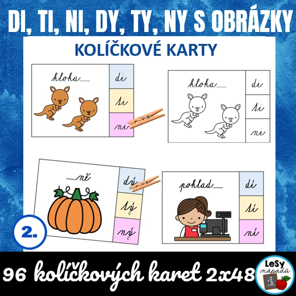Di, ti, ni/dy, ty, ny - kolíčkové kartičky s psacím písmem