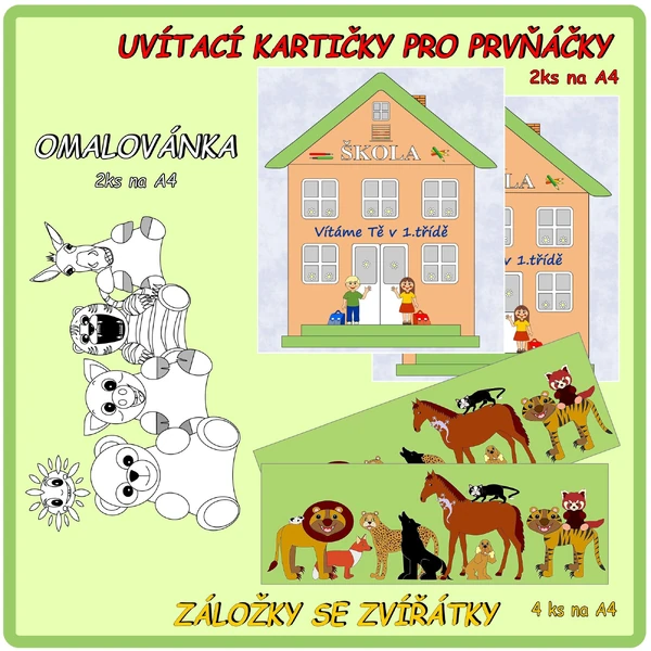 Uvítací kartičky pro prvňáčky, záložky a omalovánka