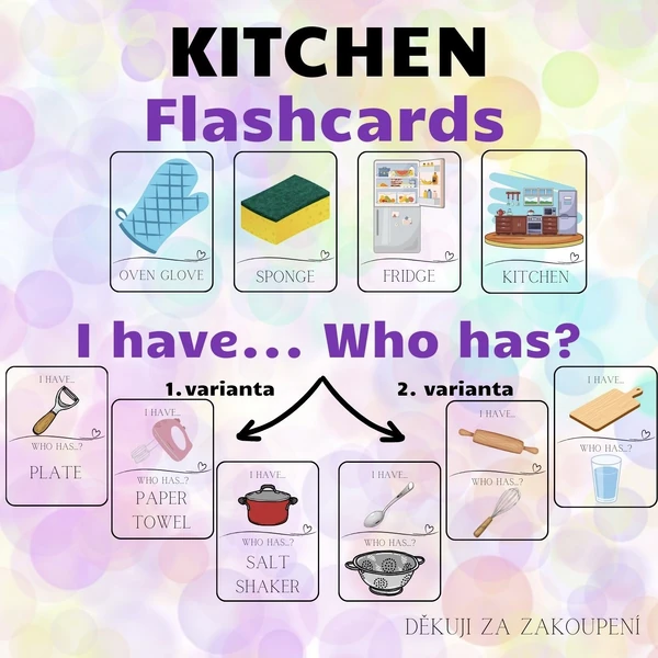 KITCHEN - flashcards, I have. Who has? - 2 varianty hry - 120 KARTIČEK