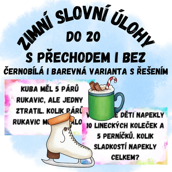 Zimní slovní úlohy do 20 s přechodem i bez - barevná i černobílá varianta
