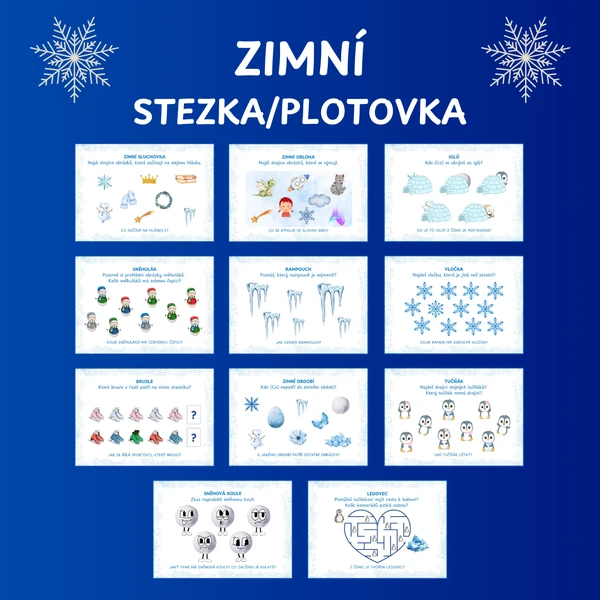 Zimní stezka/plotovka - průvodní list pro děti, 11 zábavných úkolů, diplom