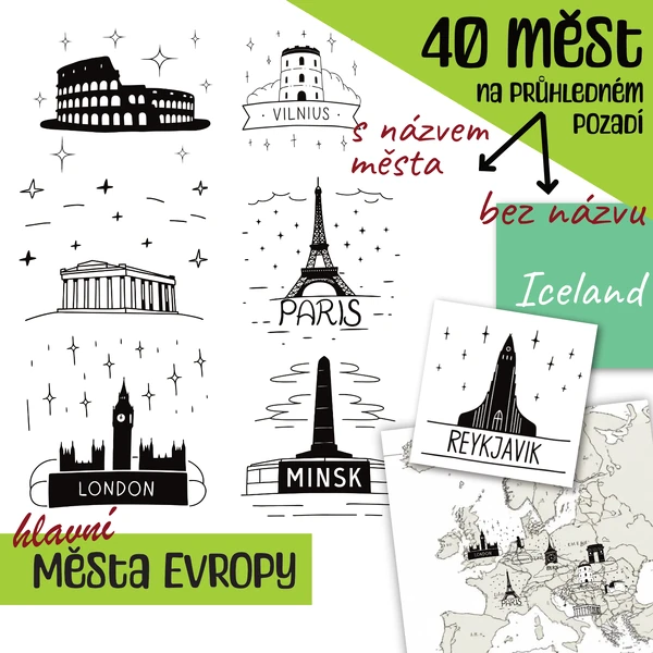 Hlavní města Evropy černobílé ilustrace