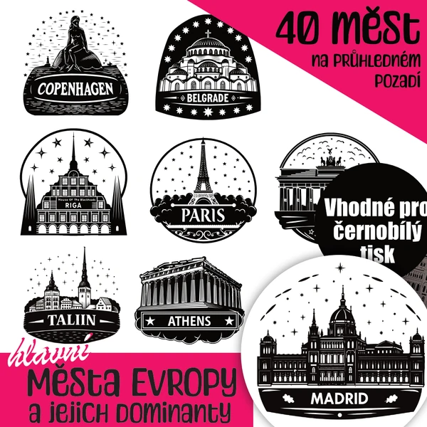 Dominanty evropských měst set černobílých ilustrací