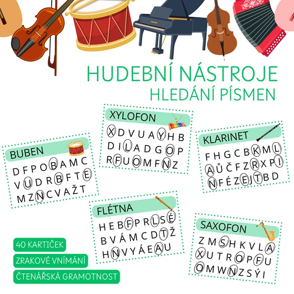 HUDEBNÍ NÁSTROJE - hledání písmen