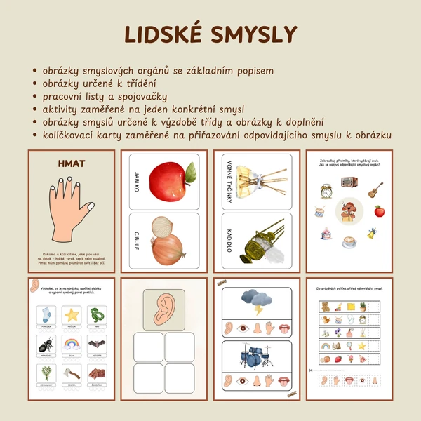 Lidské smysly - obrázky, pracovní listy a spojovačky, kolíčkování