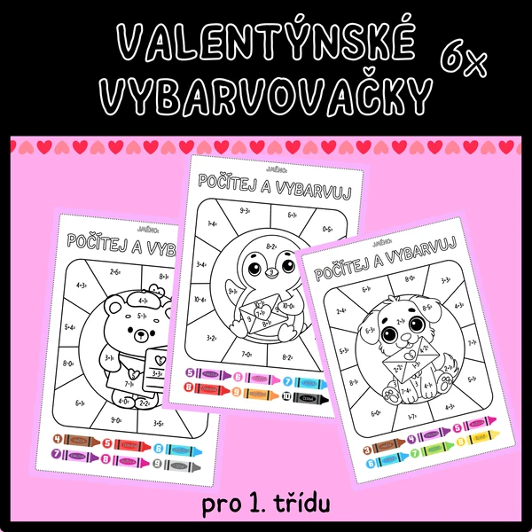 Valentýnské vybarvovačky - sčítání/odčítání do 10