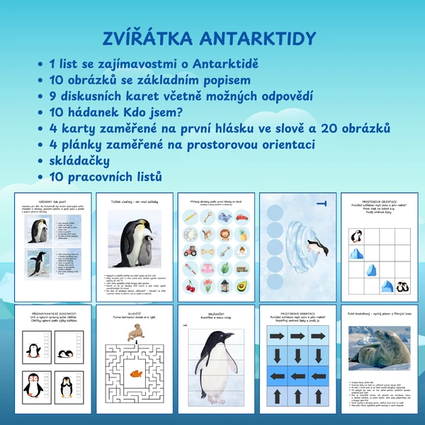 Zvířata Antarktidy - obrázky, diskusní karty, hádanky, pracovní listy a další