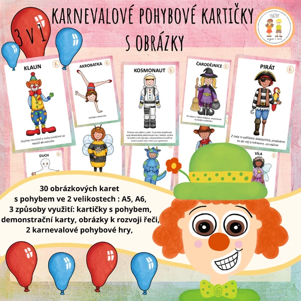 Karnevalové pohybové kartičky s obrázky - 3v1