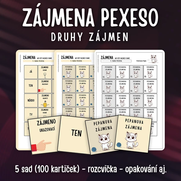 Zájmena: PEXESO (5 sad/100 kartiček - určování druhů)