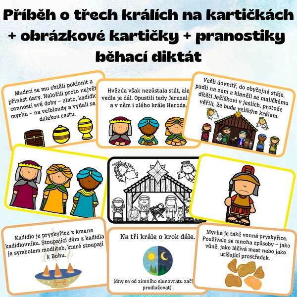 Příběh o třech králích na kartičkách + obrázkové kartičky + pranostiky + diktát