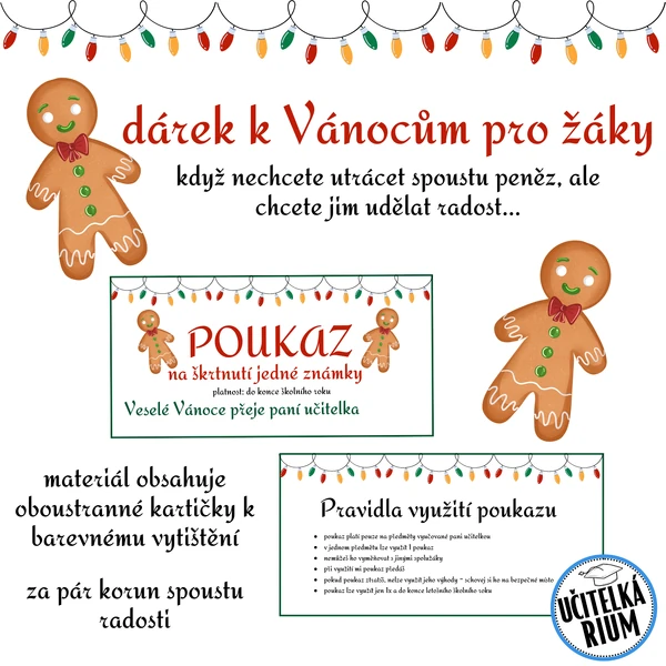 Dárek pro žáky k Vánocům - kartičky na odpuštění písemky nebo škrtnutí známky