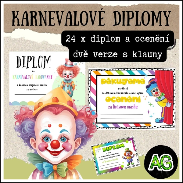 KARNEVAL - DIPLOMY S KLAUNY ( dvě verze, 24 motivů)