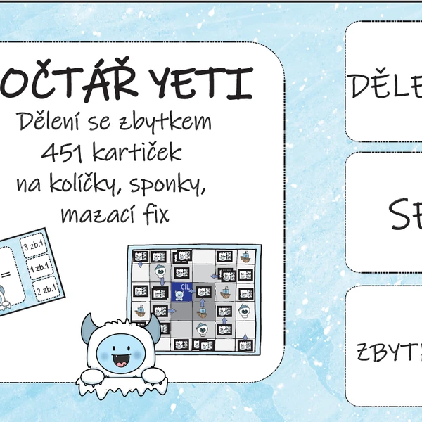 Počtář Yeti - Dělení se zbytkem (451 kartiček s příklady)