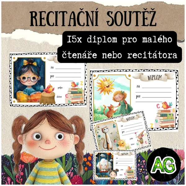 15 diplomů: recitační soutěž, pro malého čtenáře