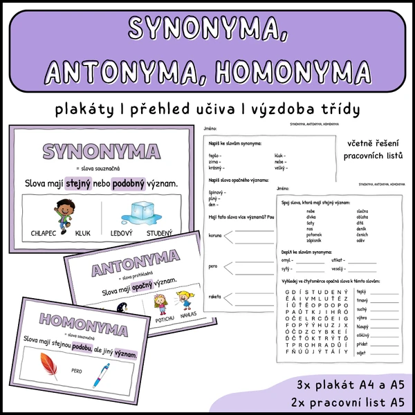 Synonyma, antonyma, homonyma - plakáty do třídy a pracovní listy