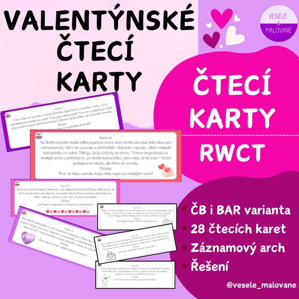 Valentýnské čtecí karty, čtení s porozuměním