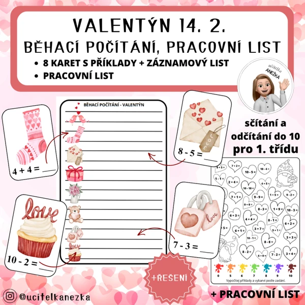 BĚHACÍ POČÍTÁNÍ, PRACOVNÍ LIST - VALENTÝN