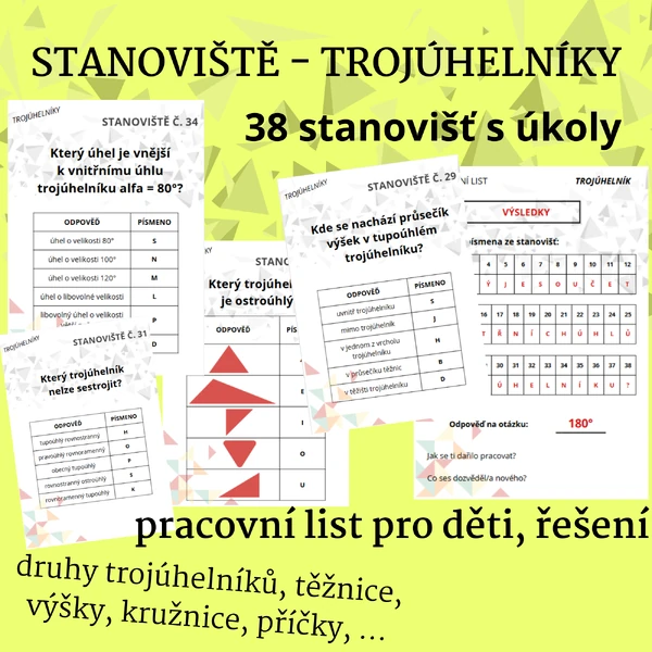 Stanoviště - trojúhelníky (38 stanovišť, pracovní list, řešení)
