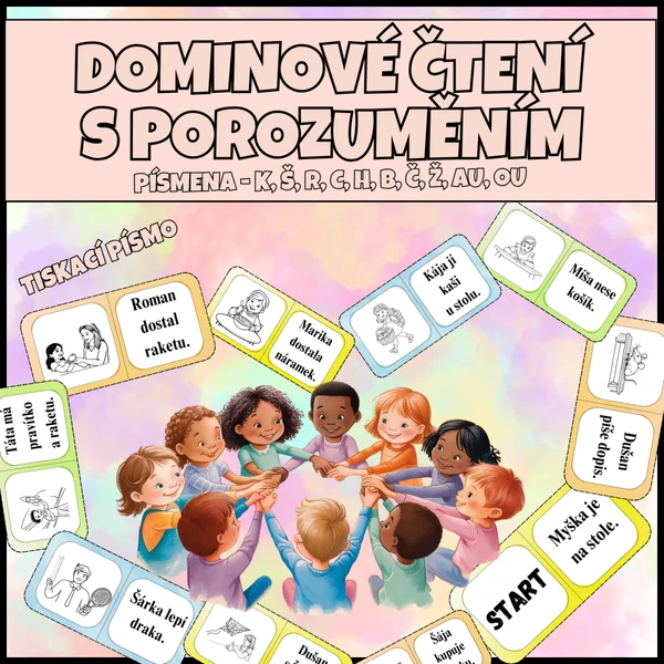 DOMINOVÉ ČTENÍ S POROZUMĚNÍM - písmena K, Š, R, AU, OU, C, H, B, Č Ž