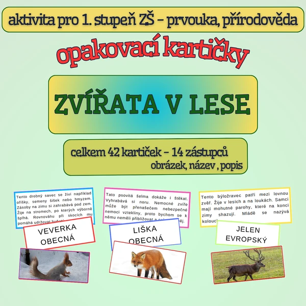 Kartičky ZVÍŘATA V LESE - aktivita pro 1. stupeň ZŠ