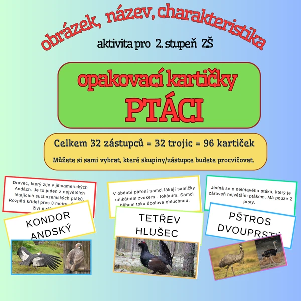 výukové karty - zástupci PTÁKŮ - poznávání podle obrázku a popisu