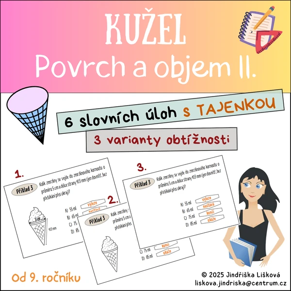 KUŽEL - slovní úlohy na povrch a objem s Tajenkou II