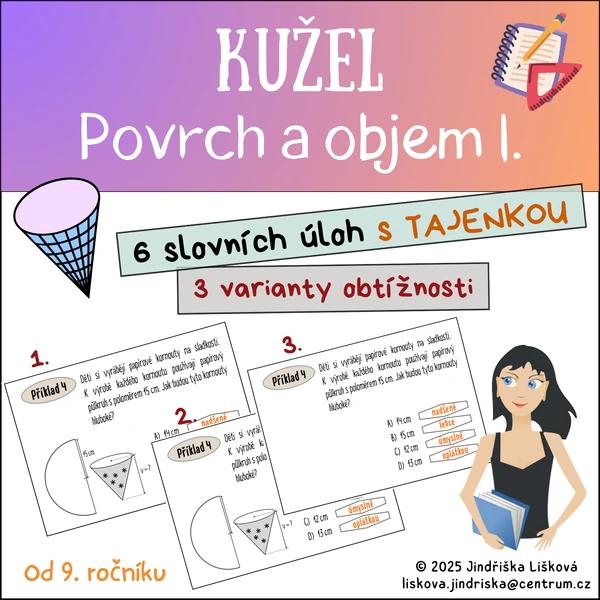 KUŽEL - slovní úlohy na povrch a objem s Tajenkou I