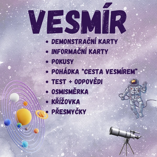 VESMÍR, sluneční soustava, planety - informační karty, pokusy, demonstrační karty, křížovky, přesmyčky, osmisměrka