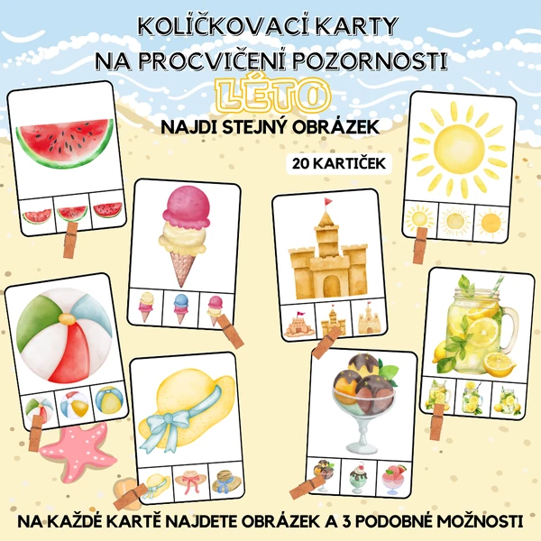 Kolíčkování Léto - procvičení pozornosti/najdi stejný obrázek