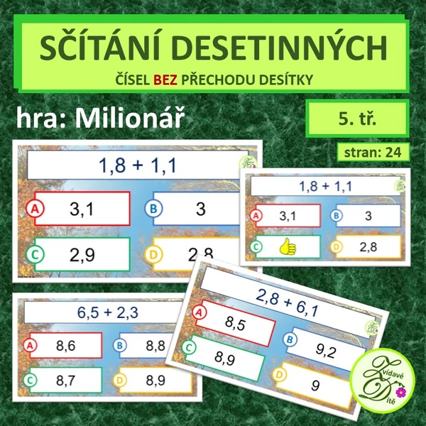 Sčítání desetinných čísel bez přechodu desítky
