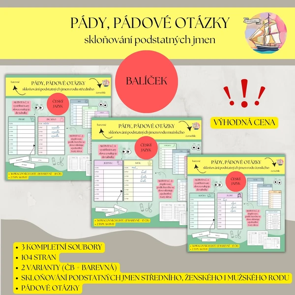 Skloňování podstatných jmen pracovní listy - výhodný balíček