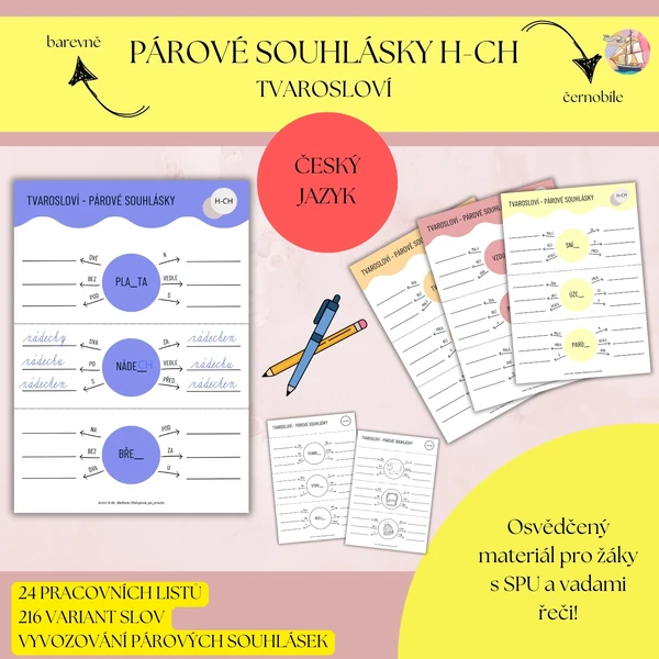 Párové souhlásky (spodoba znělosti) H-CH - pracovní listy, tvarosloví