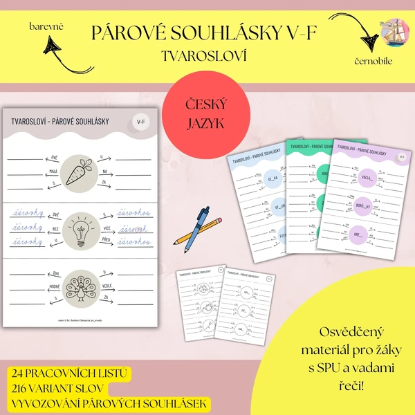Párové souhlásky (spodoba znělosti) V-F - pracovní listy, tvarosloví